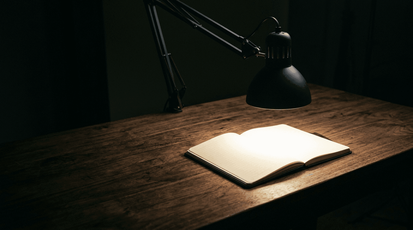 A black articulated task lamp with its head pulled low and close above an open notebook, casting an intense pool of light on the page that falls off rapidly into darkness across the rest of the wooden desk, seen from desk height so the short lamp-to-page distance is visible