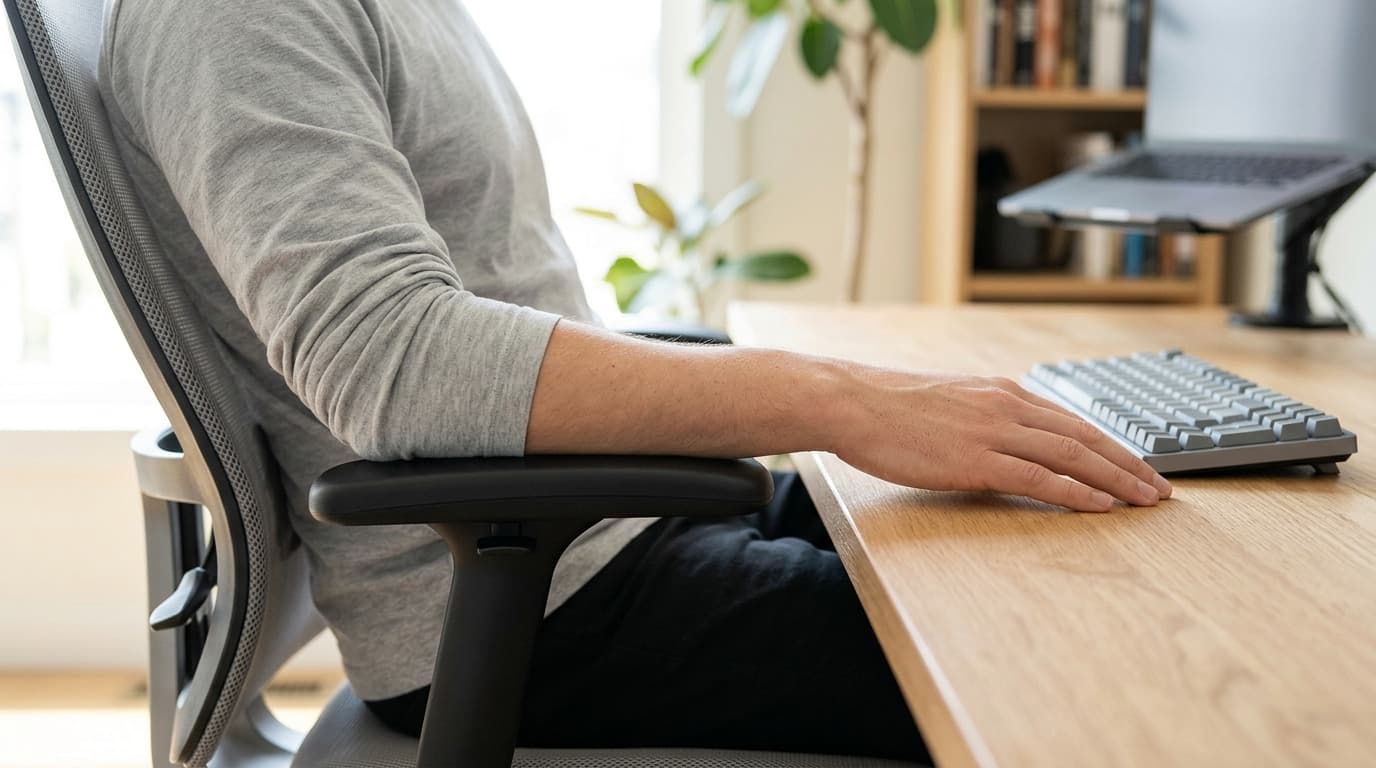 Side view of a forearm supported on the padded black armrest of a grey mesh office chair, shoulder relaxed and level, the hand resting on a light oak desk just short of a grey keyboard, with the armrest's height-adjustment post visible below the pad