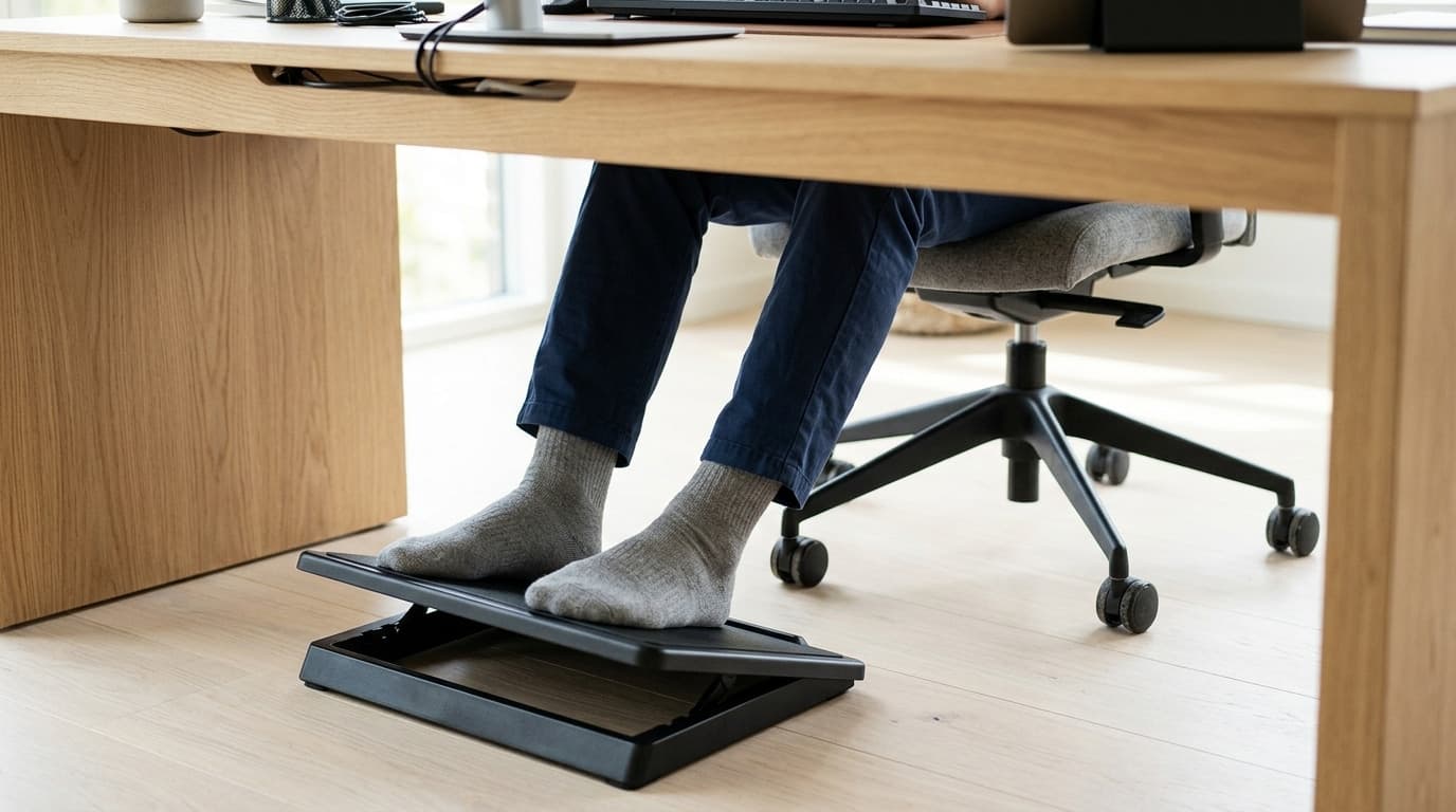 Seen from floor level under a light oak desk: a seated person's feet in grey socks and navy trousers resting flat on a black tilting adjustable footrest, thighs level, with the five-star base and casters of a grey office chair behind them
