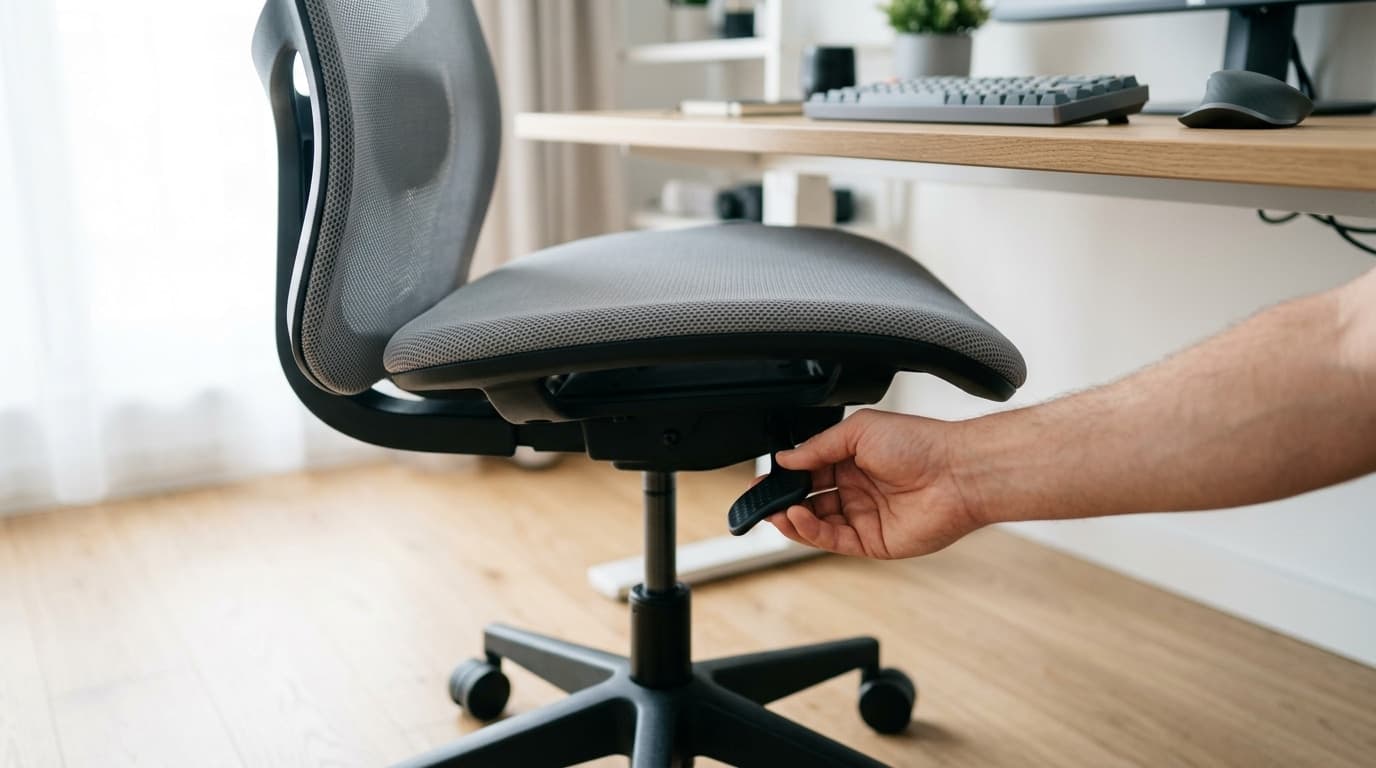 Close-up of a hand reaching under the right side of a grey mesh office chair seat and lifting the black pneumatic seat-height paddle, with the gas cylinder and caster base below and a desk edge, keyboard and mouse above