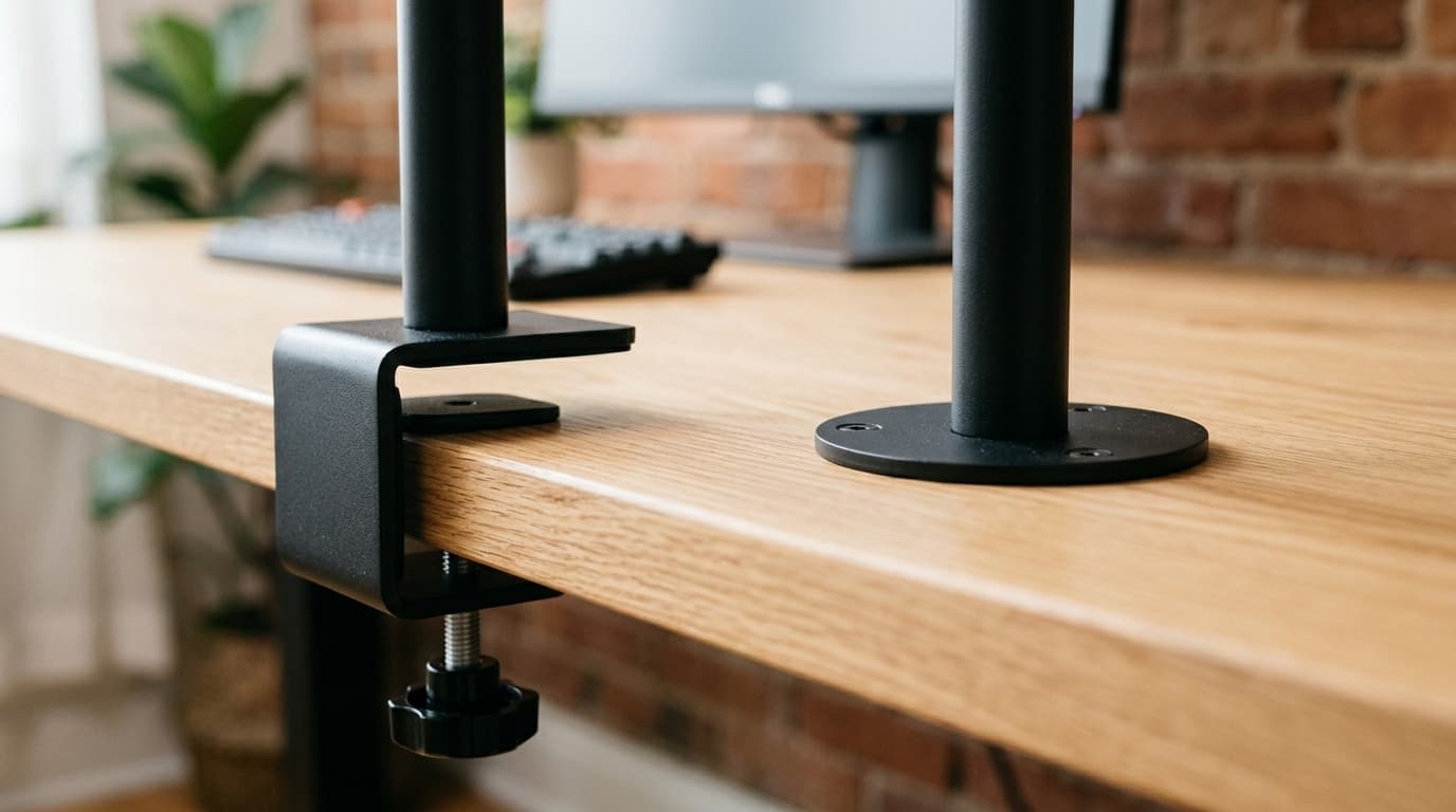 Two monitor arm mounting bases on an oak desktop — a two-piece desk clamp gripping the rear edge with its hand bolt underneath on the left, and a round grommet base bolted flat through the desktop further back on the right