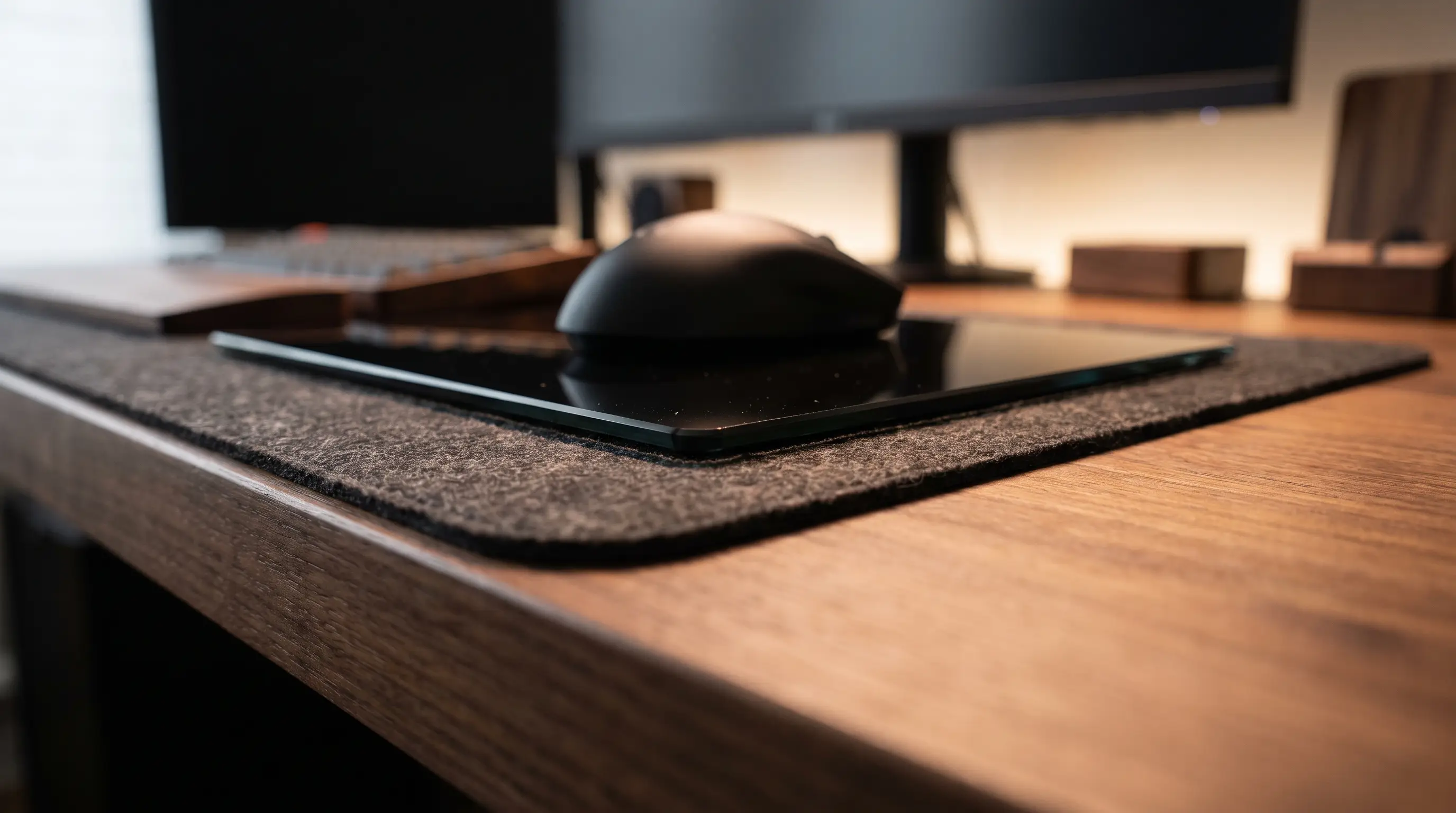 Side-on close-up along a light oak desk showing a heathered grey-brown wool felt desk pad with a smaller black glass mousepad resting on top of it and a black mouse on the glass, the raised step at the glass edge clearly visible in profile