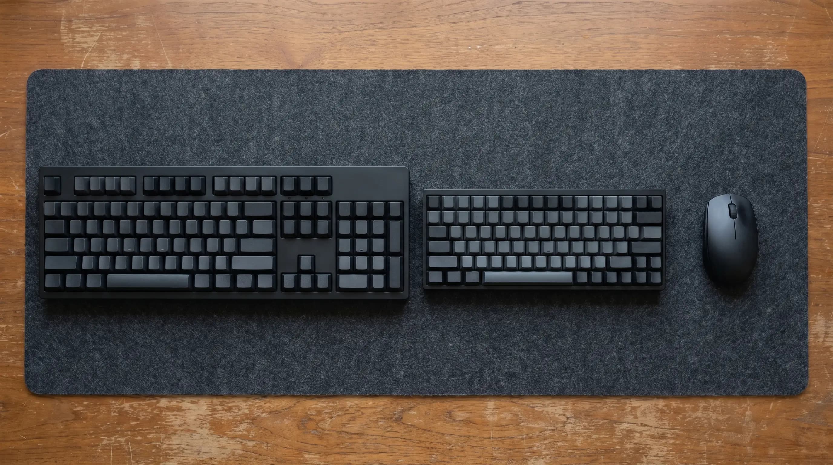 Overhead flat-lay comparing a wide full-size keyboard with a number pad against a much shorter compact keyboard with no number pad, both on a dark grey felt desk mat, with a mouse in the open space beside the compact board