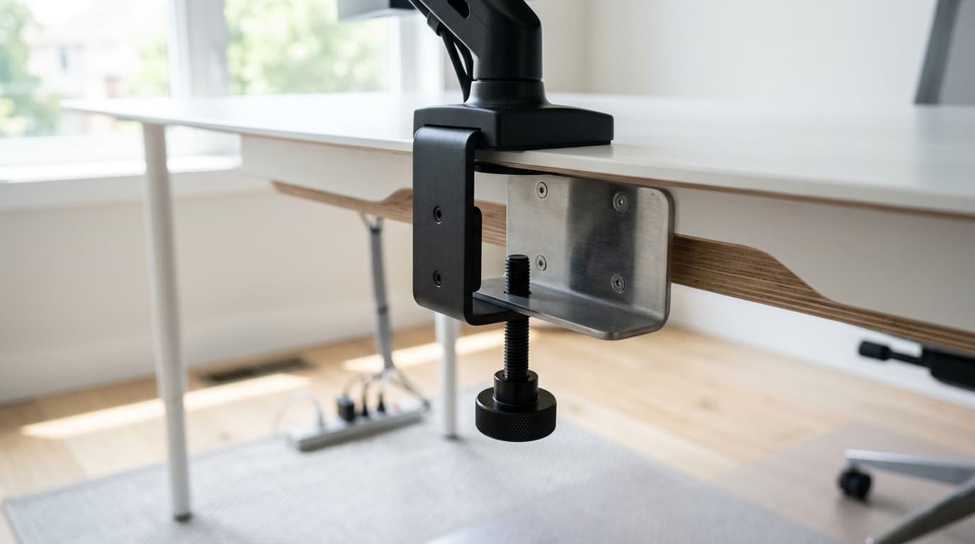A monitor arm clamp fitted to the rear edge of a thin white desktop, with a wide brushed-steel reinforcement plate under the desk spreading the clamping load across the panel and the knurled clamp bolt hanging below
