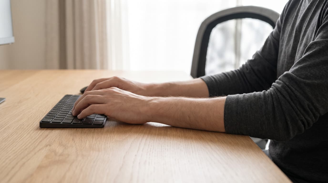 Side view at desk level of a seated person's forearms in a charcoal top resting horizontally on a light oak desk, hands over a slim low-profile keyboard, wrists straight and in line with the forearms with no upward bend