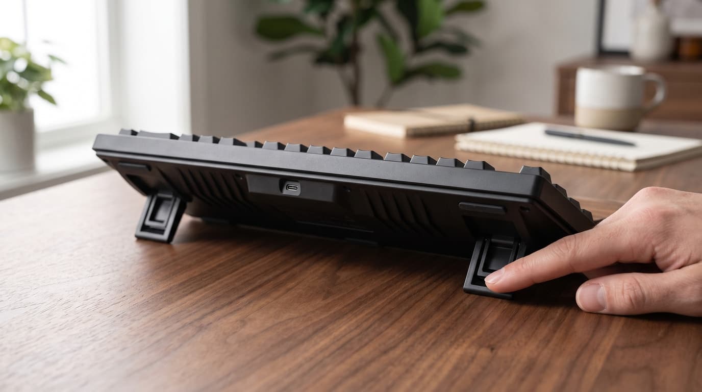 Rear three-quarter close-up of a matte black mechanical keyboard on a walnut desk, propped up on its two extended flip-out feet, with a hand reaching in to fold the right-hand foot back down flat