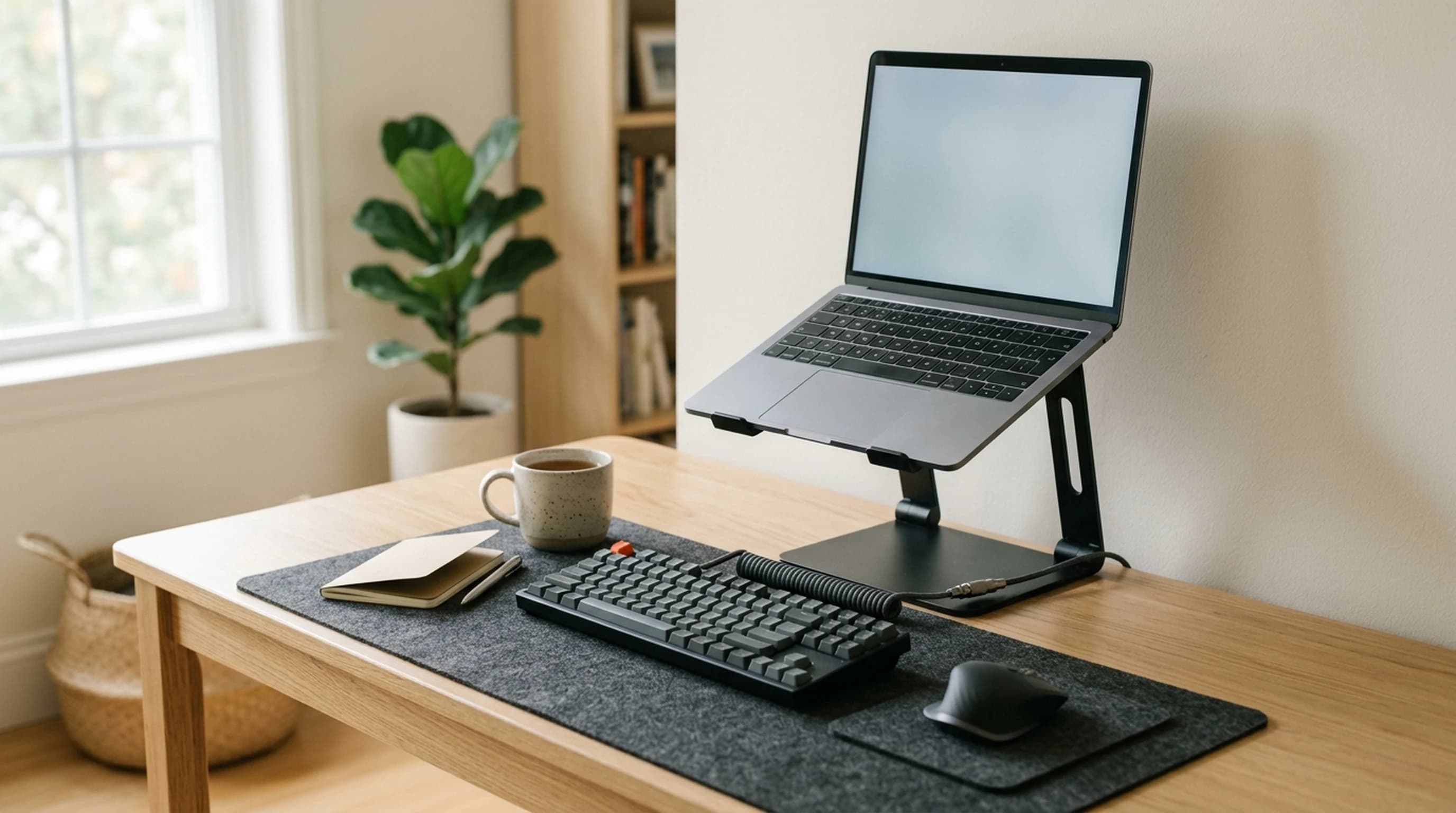 A laptop raised high on a dark aluminum stand at the back of a light oak desk with a compact external keyboard and mouse in front of it on a charcoal desk mat, in a bright home office