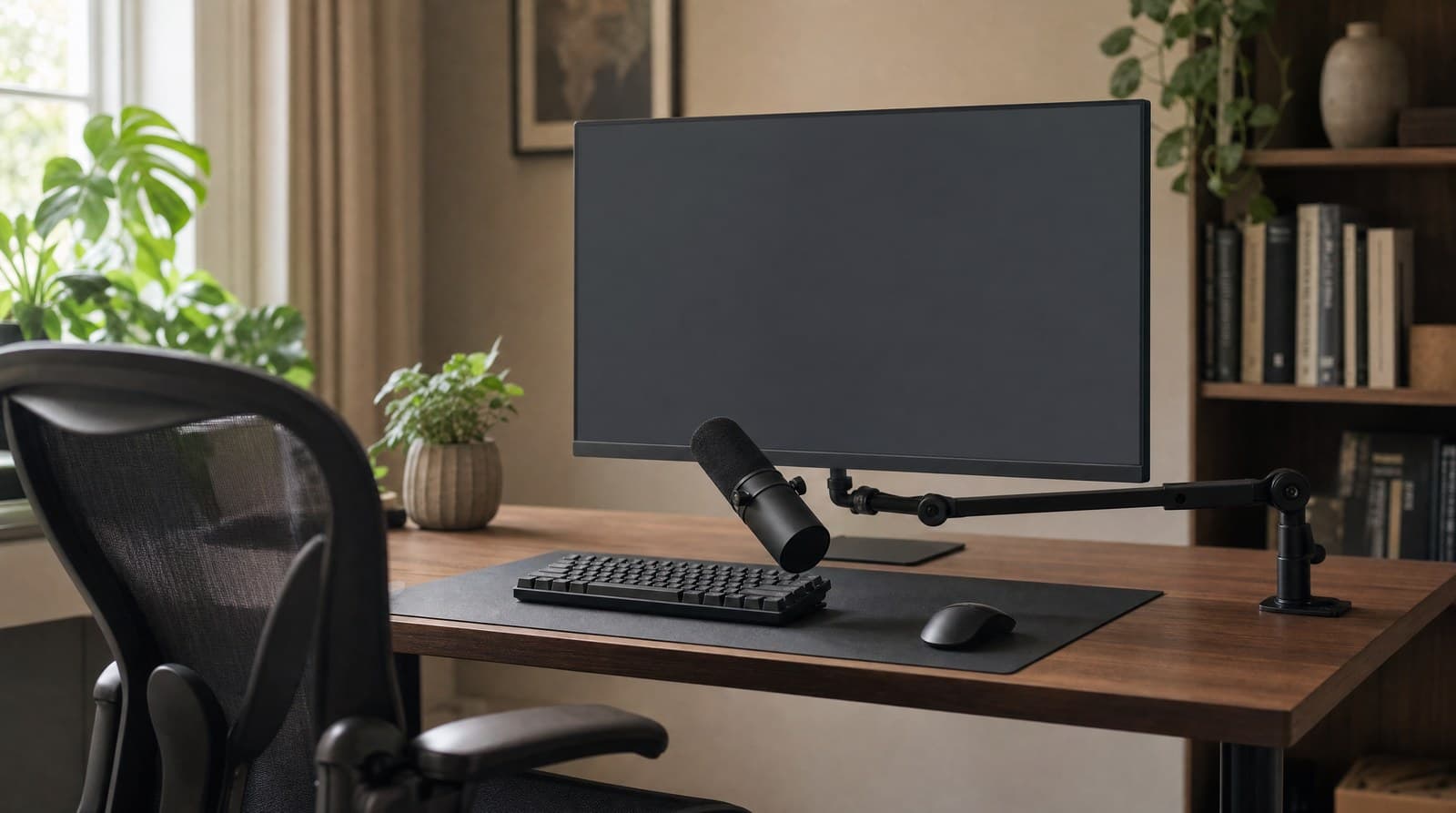 A black low-profile articulated boom arm clamped to the right rear edge of a walnut desk, running in low and horizontally beneath the monitor's lower bezel rather than over the top of it, so the screen stays unobstructed, and holding a dark cylindrical microphone in front of the monitor's bottom edge angled down toward the empty chair where a seated person's mouth would be