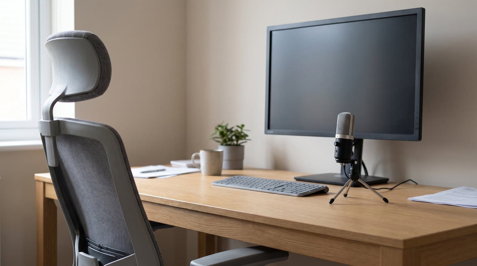 A condenser microphone on a short tabletop tripod stand pushed back behind the keyboard near the base of a monitor, with an empty office chair pulled up to the desk in the foreground showing the large gap between it and where a seated person's head would be