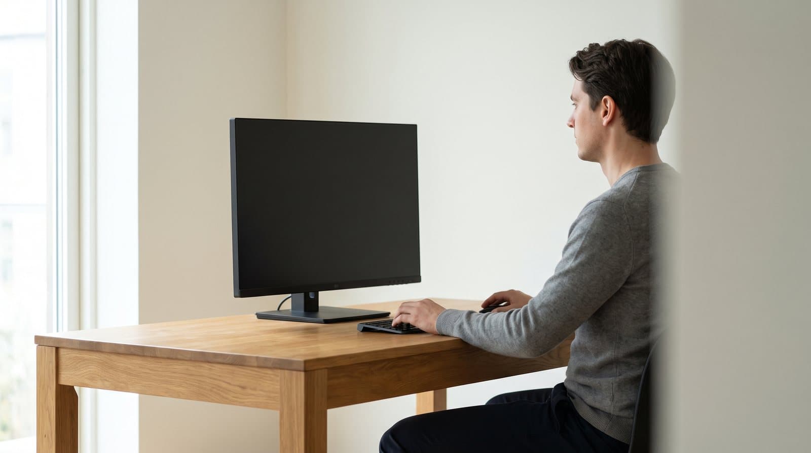 Side profile of a person seated upright at a light oak desk beside a window, their eye line falling just below the top edge of a black monitor set low on its height-adjustable stand, with a keyboard and mouse under their hands