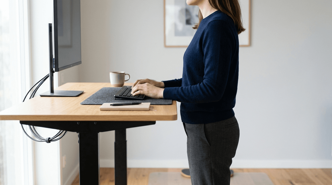 Side view of a person standing at a light oak sit-stand desk raised to standing height, forearm level and wrist flat over a low-profile keyboard on a felt mat, shoulders relaxed and down, with the black telescoping frame legs and a coiled cable visible beneath the top