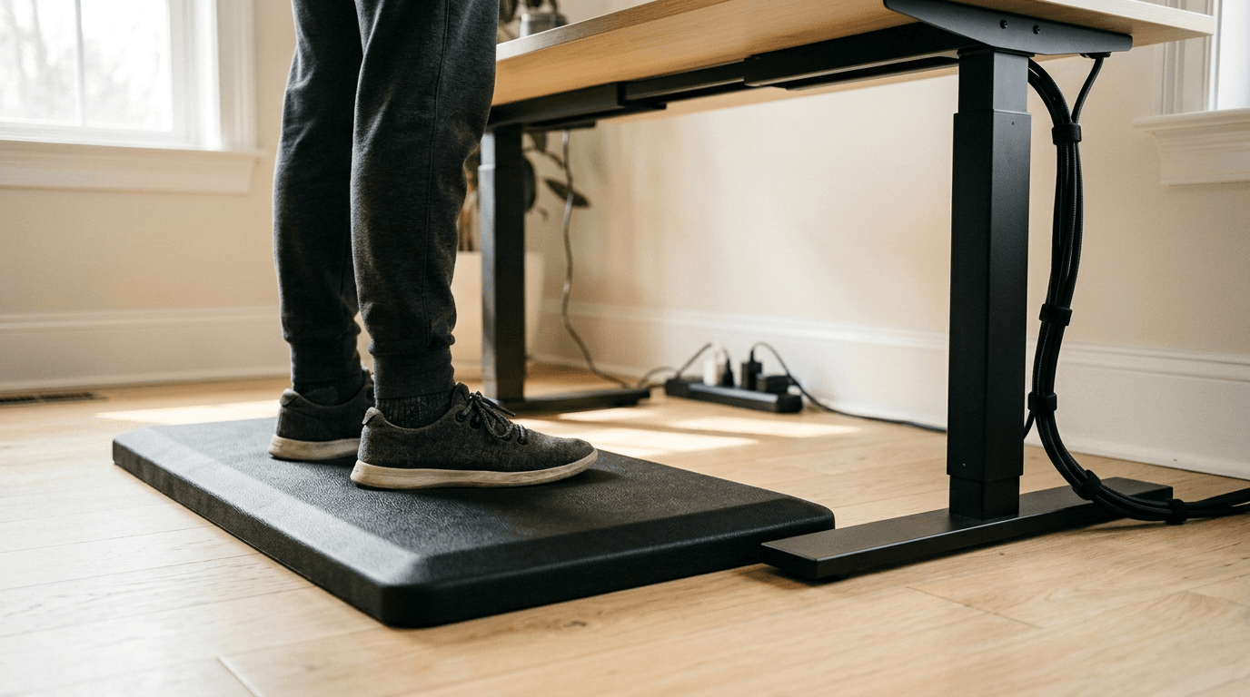 Floor-level view under a raised standing desk showing a person's feet in trainers on a thick black anti-fatigue mat, its bevelled edge revealing the mat's thickness, beside the desk's black frame leg and foot