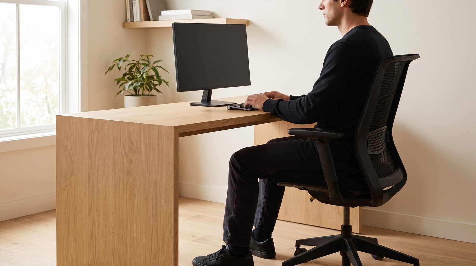 Side-on view of a person seated at a light oak desk in a bright home office with clear open space beneath the desktop around their legs and no storage mounted underneath