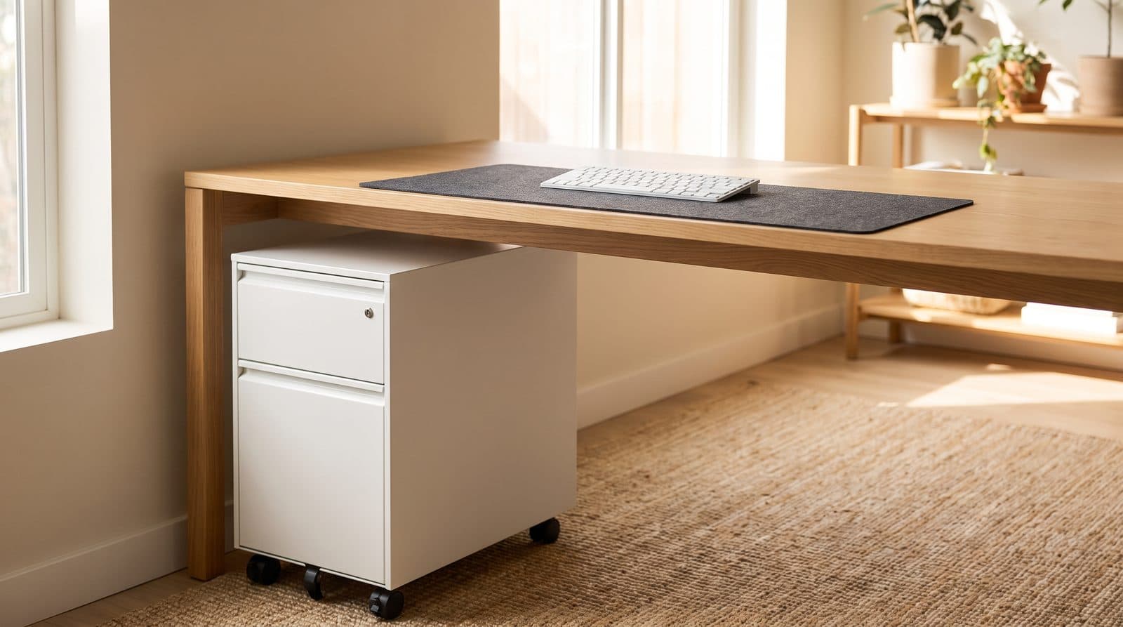 A slim white two-drawer mobile pedestal on casters parked at the far left end of a light oak desk in a bright home office, with the centre of the desk's underside left completely clear