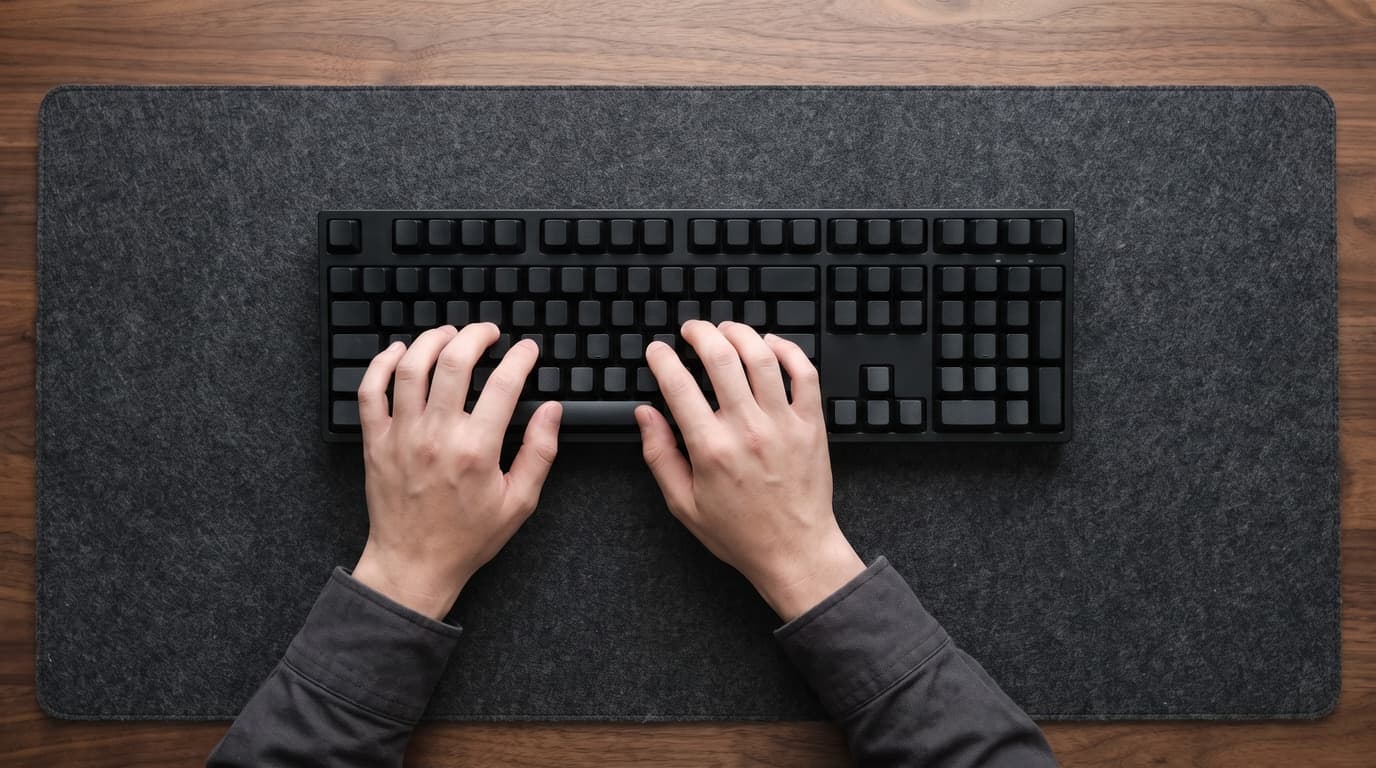 Top-down view of two hands on a full-size mechanical keyboard on a desk mat, the wrists visibly angled outward toward the little fingers to reach the staggered key rows