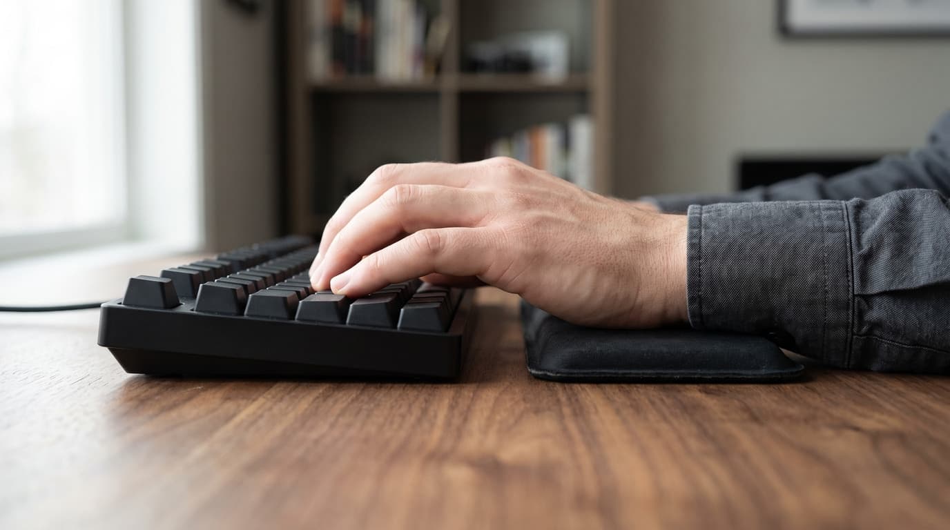 Eye-level side view along a walnut desk: the heel of a hand rests on a thin low black wrist rest while the fingers reach up onto the keys of a taller mechanical keyboard, the wrist visibly bending up to climb the step between the two heights