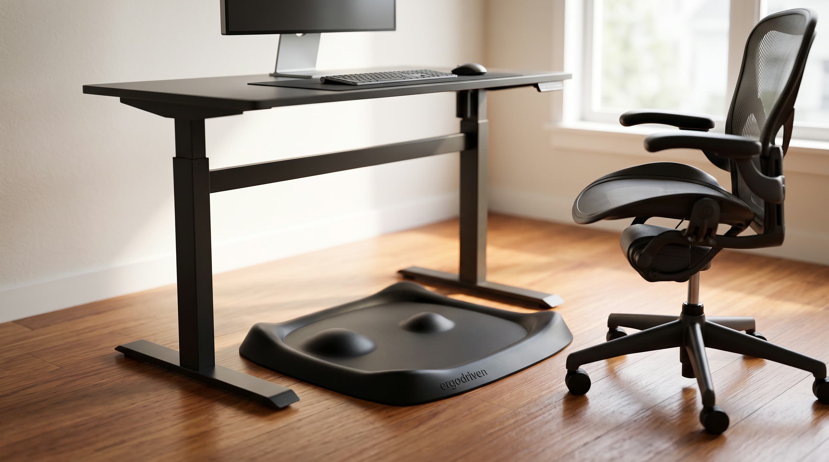 A cushioned anti-fatigue mat on the floor beneath a raised standing desk in a bright modern home office, positioned where a person would stand at the keyboard