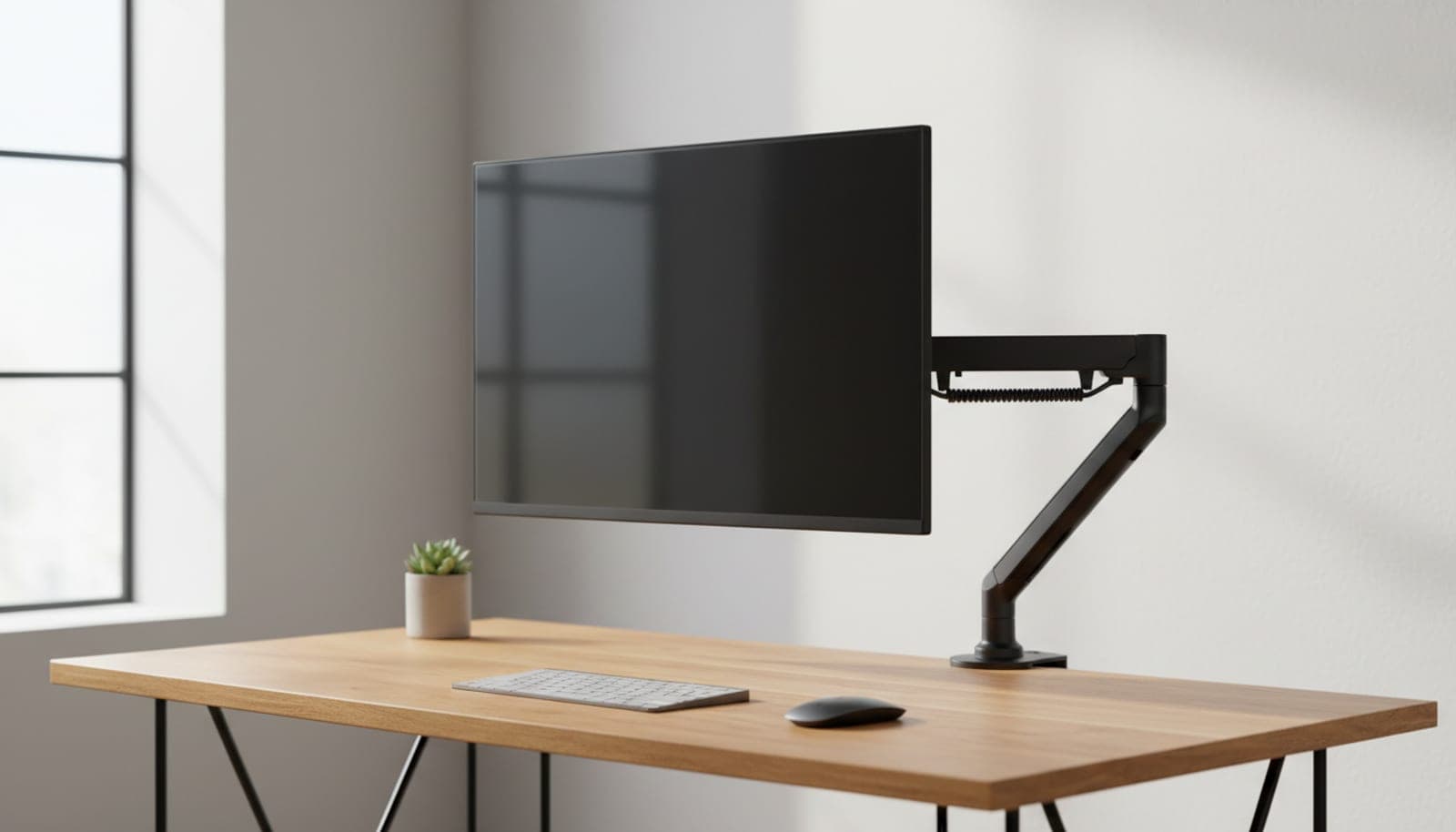 A single monitor floating on a black budget gas-spring arm above a clean home-office desk