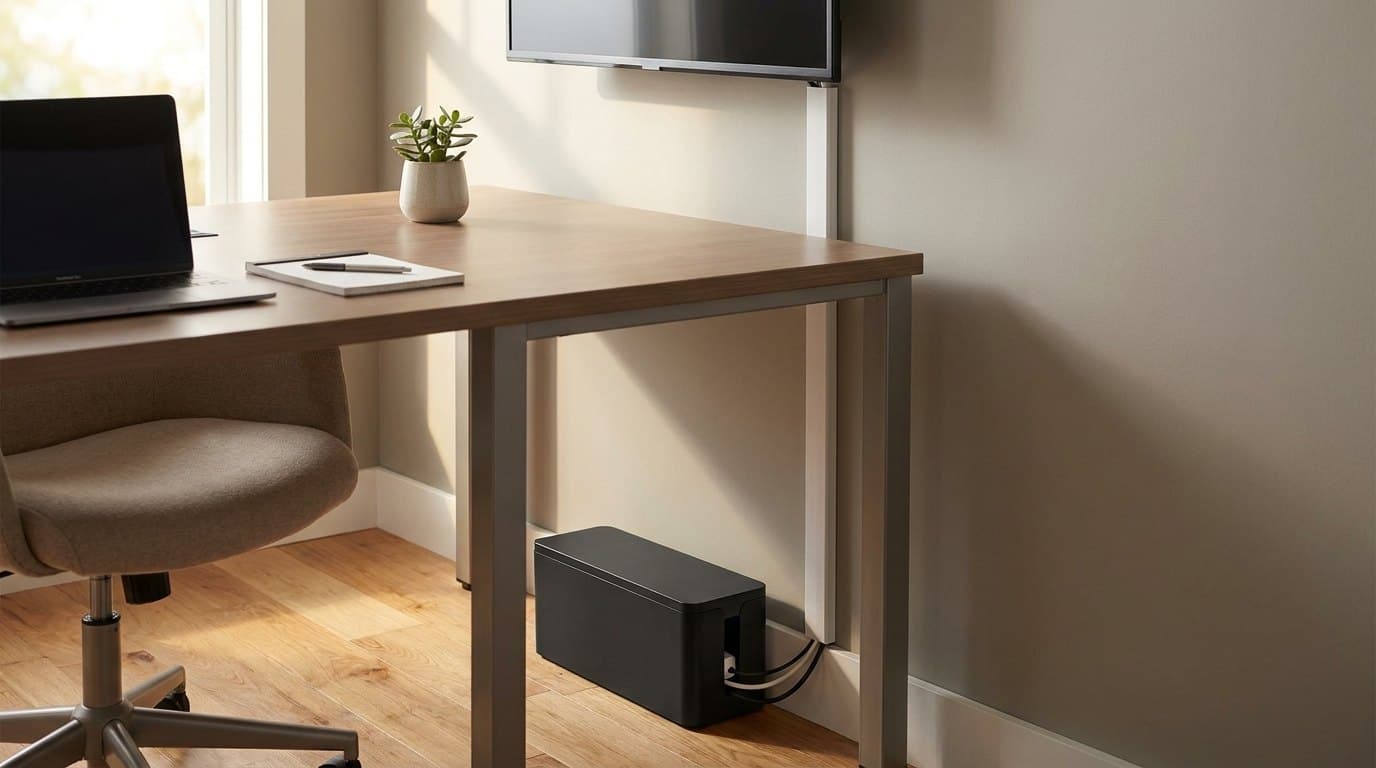 A cable management box hiding a power strip beside a desk leg, with a wall raceway routing cords up to a monitor on a clean home-office desk