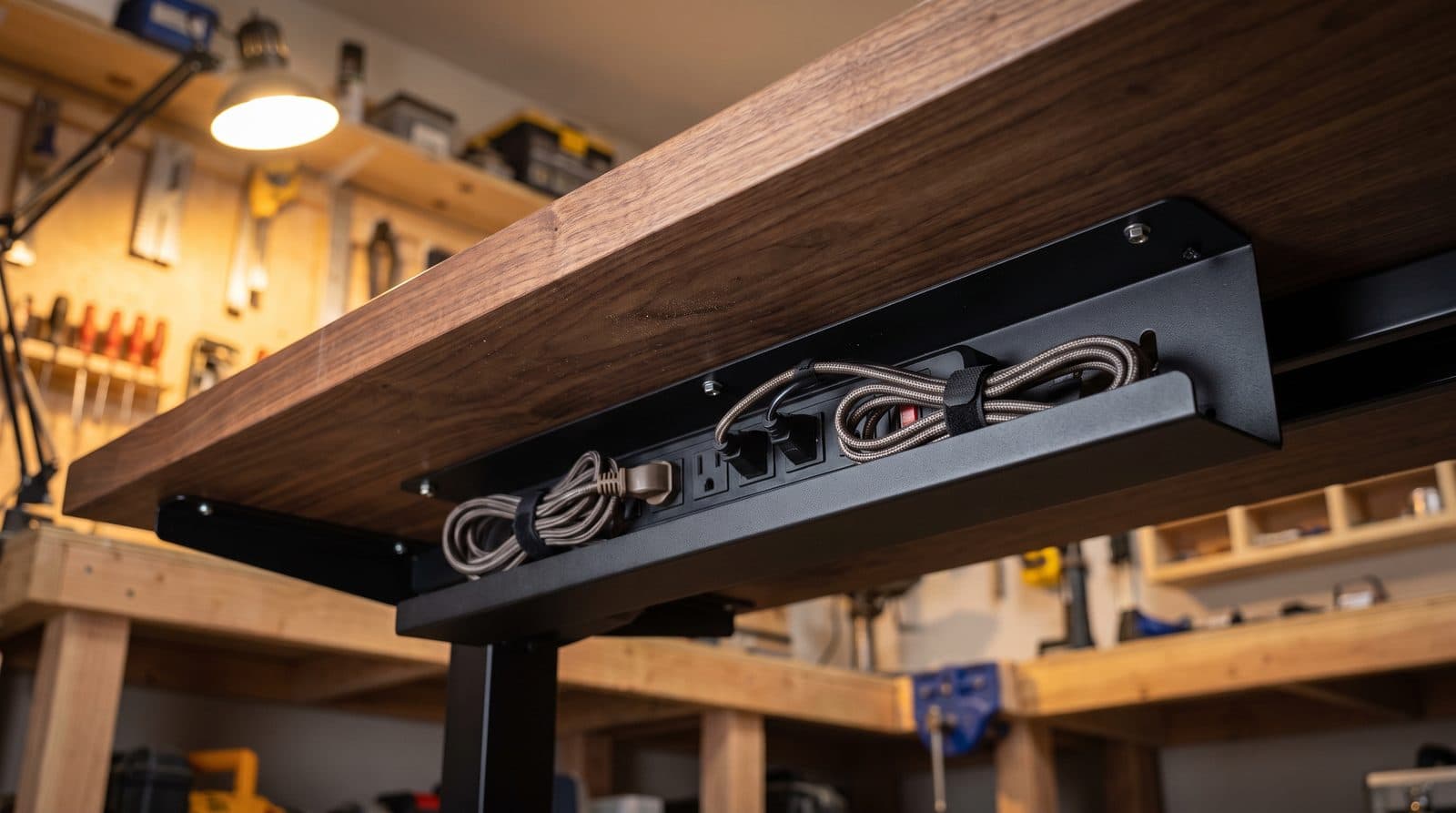 Underside of a desk with a metal cable tray holding a power strip and organized cables