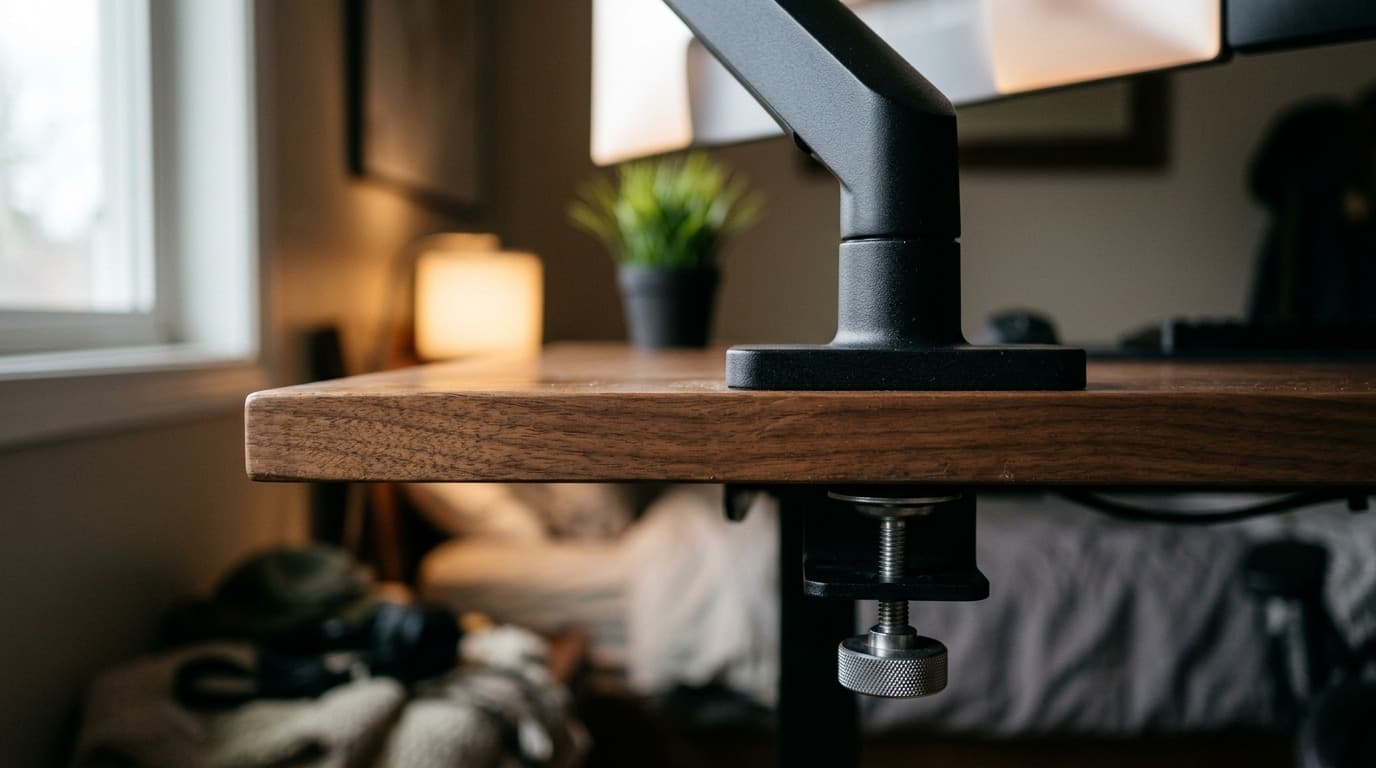 Close-up of the rear edge of a walnut desk in a home office, showing a matte black monitor arm post standing on the desktop with the two-piece clamp bracket and its knurled hand bolt visible underneath