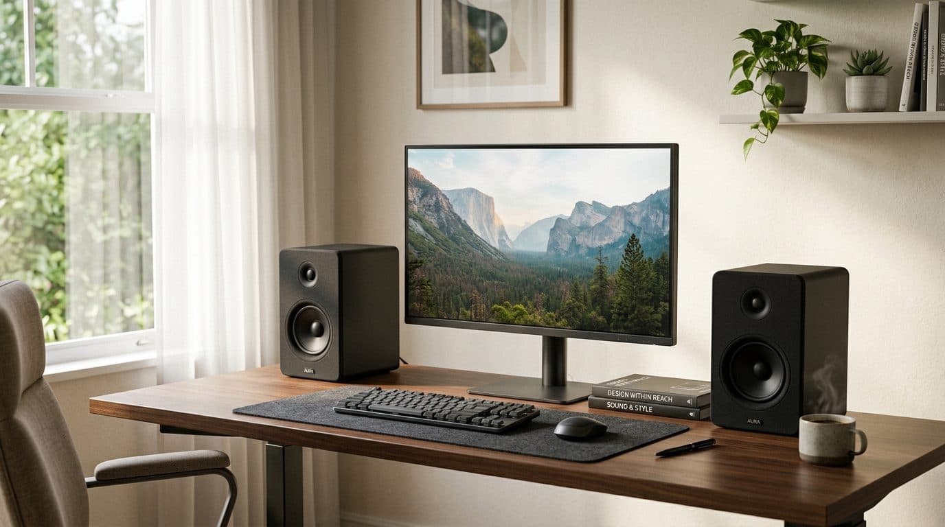 Pair of compact bookshelf speakers flanking a monitor on a clean home-office desk with a desk mat and tidy cable management