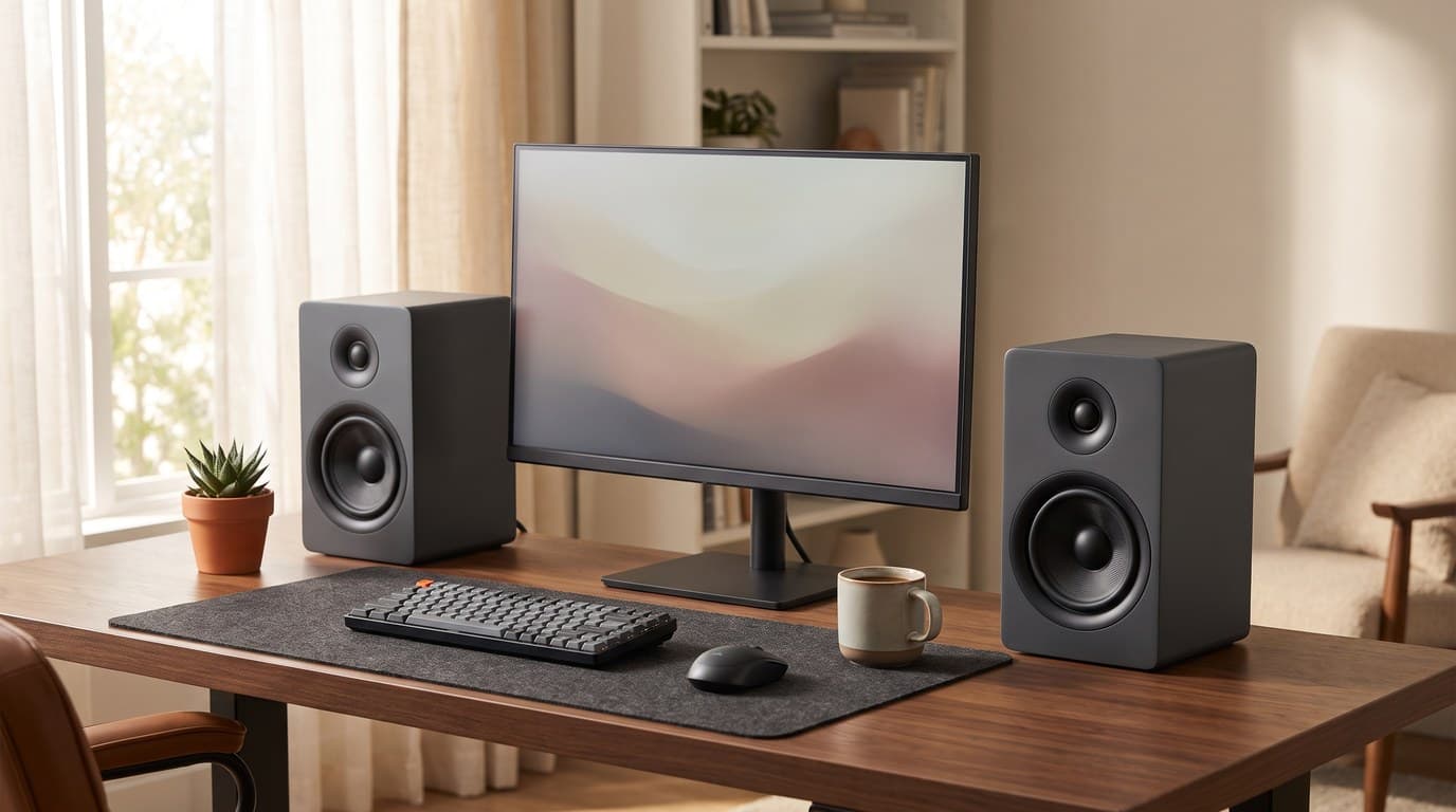 Pair of compact two-way bookshelf speakers flanking a monitor on a walnut home-office desk, with a felt desk mat, low-profile keyboard, mouse and a small potted succulent