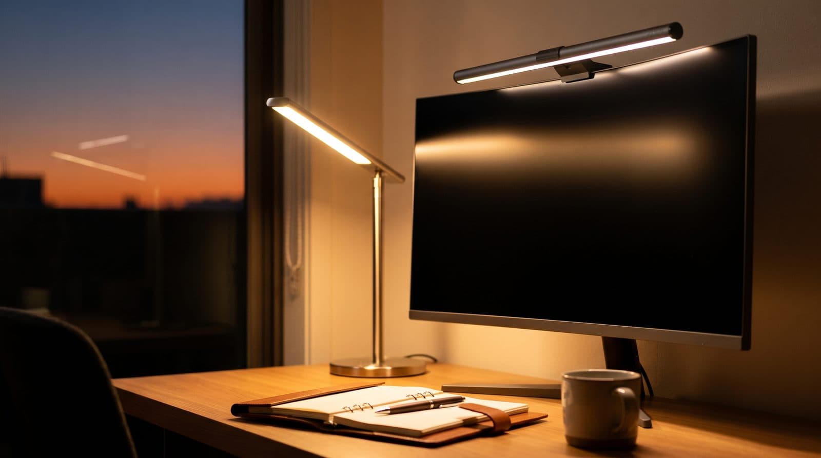 Modern articulated LED desk lamp illuminating a tidy workspace with a keyboard, notebook, and monitor at dusk