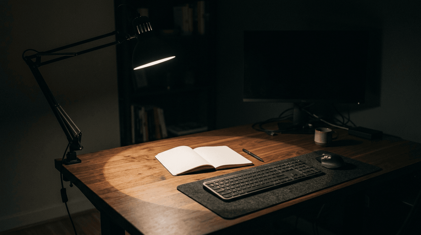 A dark home-office desk at night lit by a single articulated task lamp, with a bright even pool of light falling across an open notebook and keyboard and the surrounding desk falling away into shadow, showing the edge of the lit area