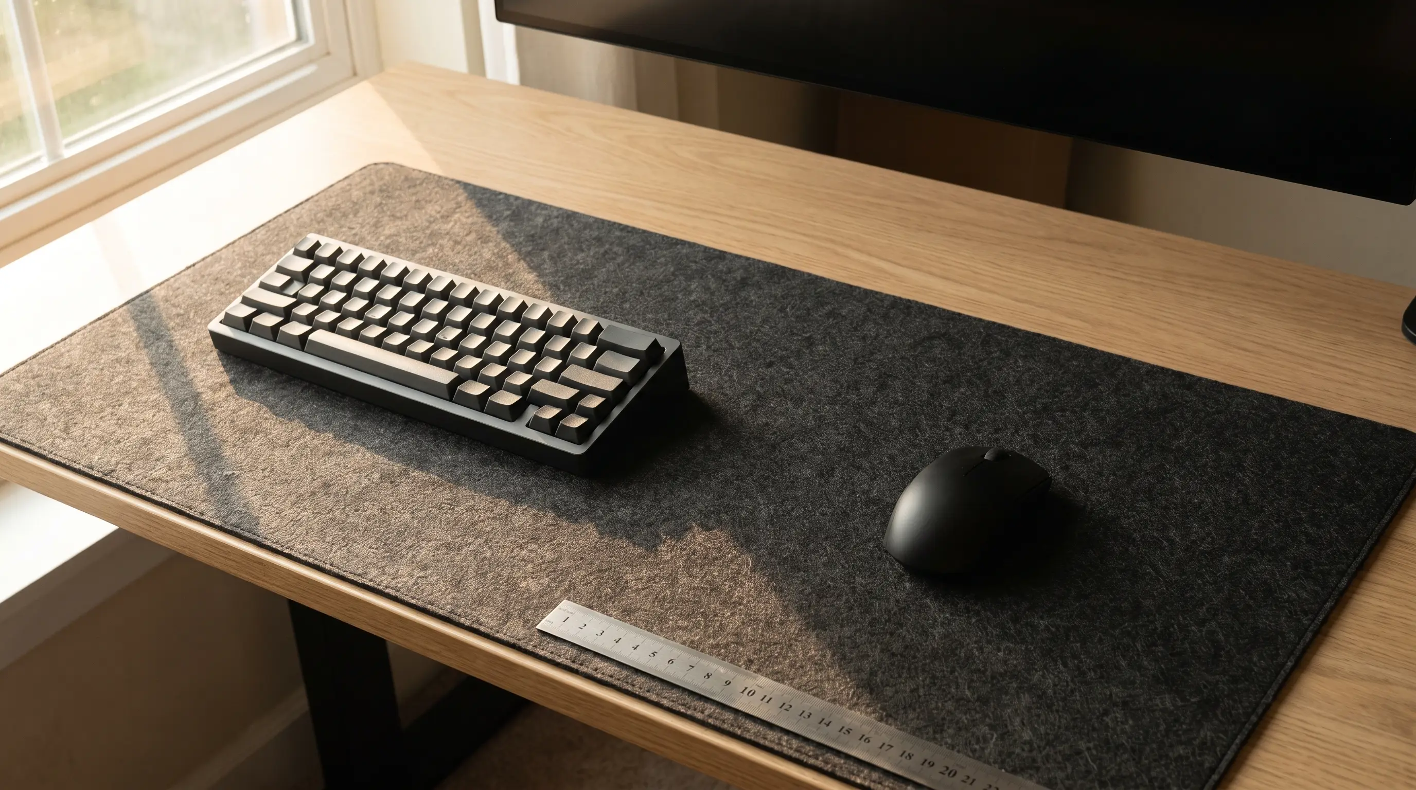 Large charcoal felt desk mat on a light oak desk with a compact keyboard on the left and a mouse on the open right-hand half, a steel ruler laid along the mat's front edge