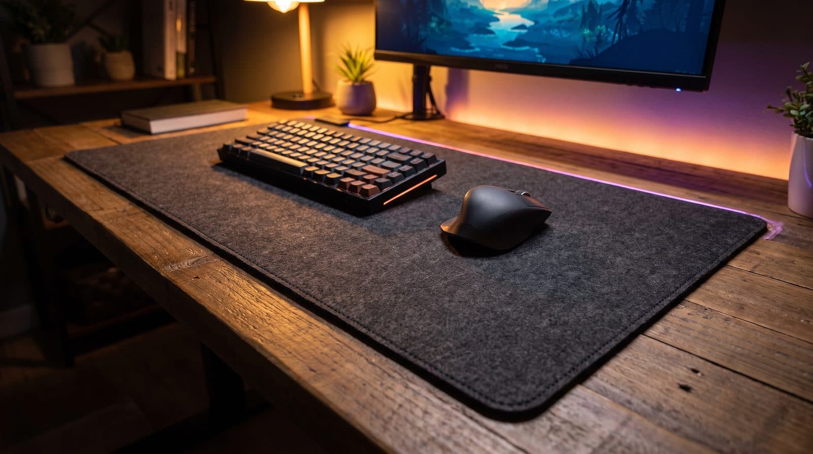 Large dark stitched-edge gaming desk mat under a mechanical keyboard and mouse
