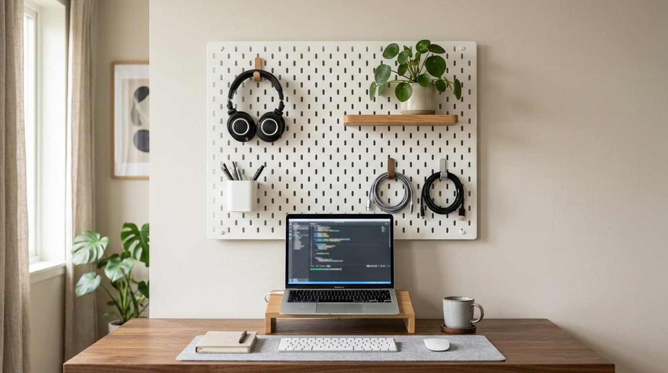 A tidy home-office wall above a walnut desk fitted with a white modular pegboard holding headphones, cable cups, and small shelves