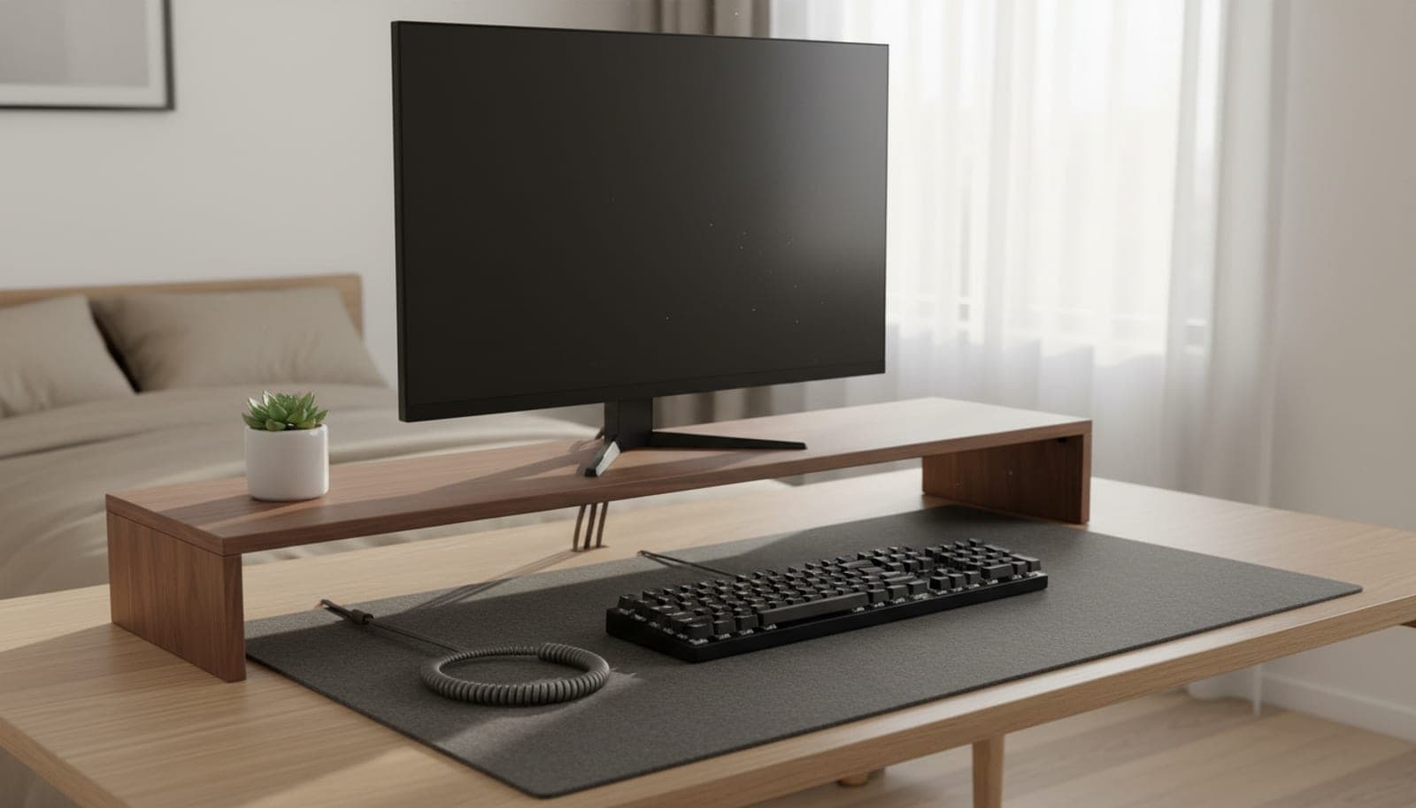A wooden desk shelf raising a monitor to eye level above a keyboard and desk mat in a bright, tidy home office