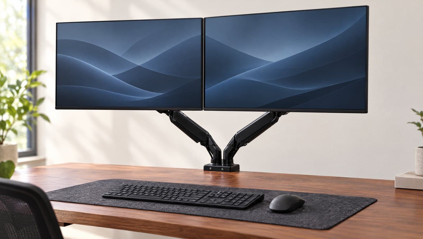 Two matched monitors side by side on a single black dual gas-spring monitor arm, both arms branching from one desk clamp behind the screens