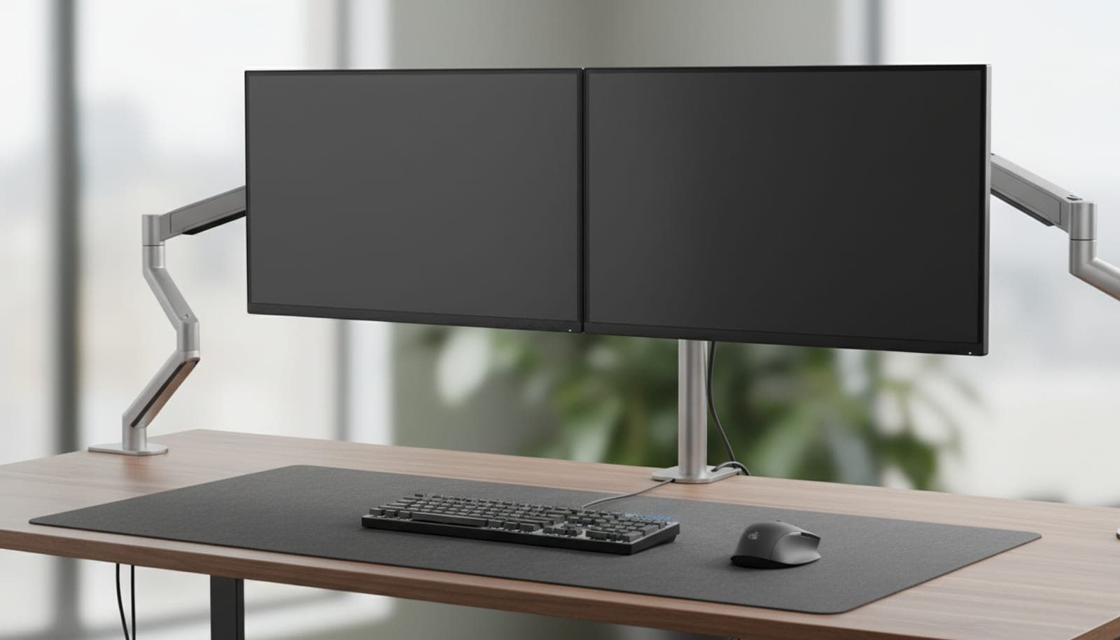Two monitors floating side by side on a dual gas-spring monitor arm above a clean desk