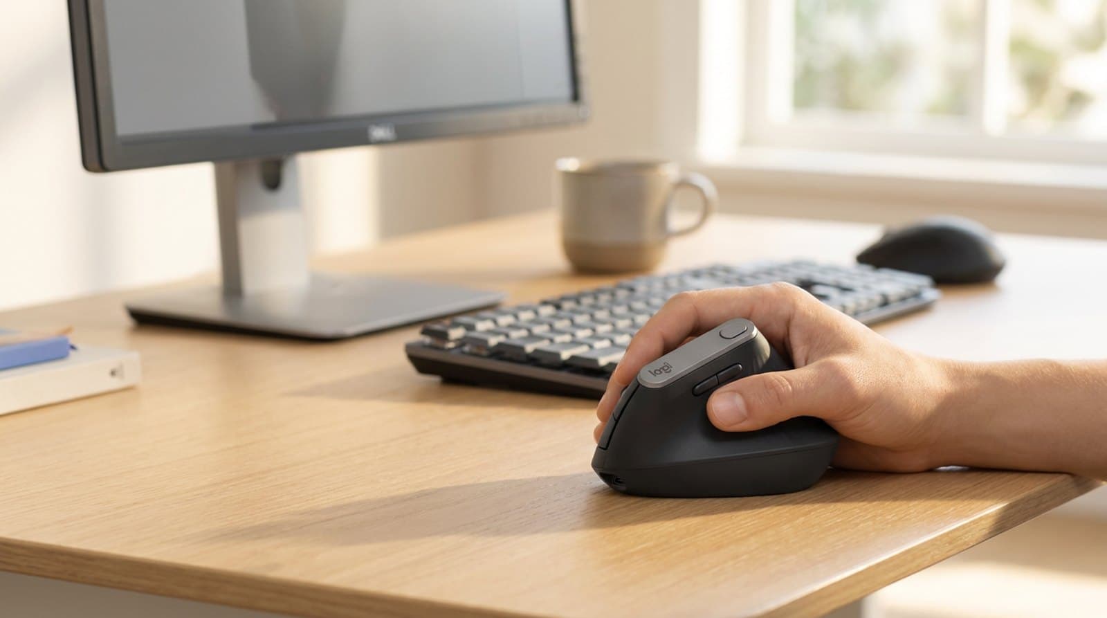 A vertical ergonomic mouse in a natural handshake grip on a home-office desk beside a keyboard and monitor, lit by soft daylight