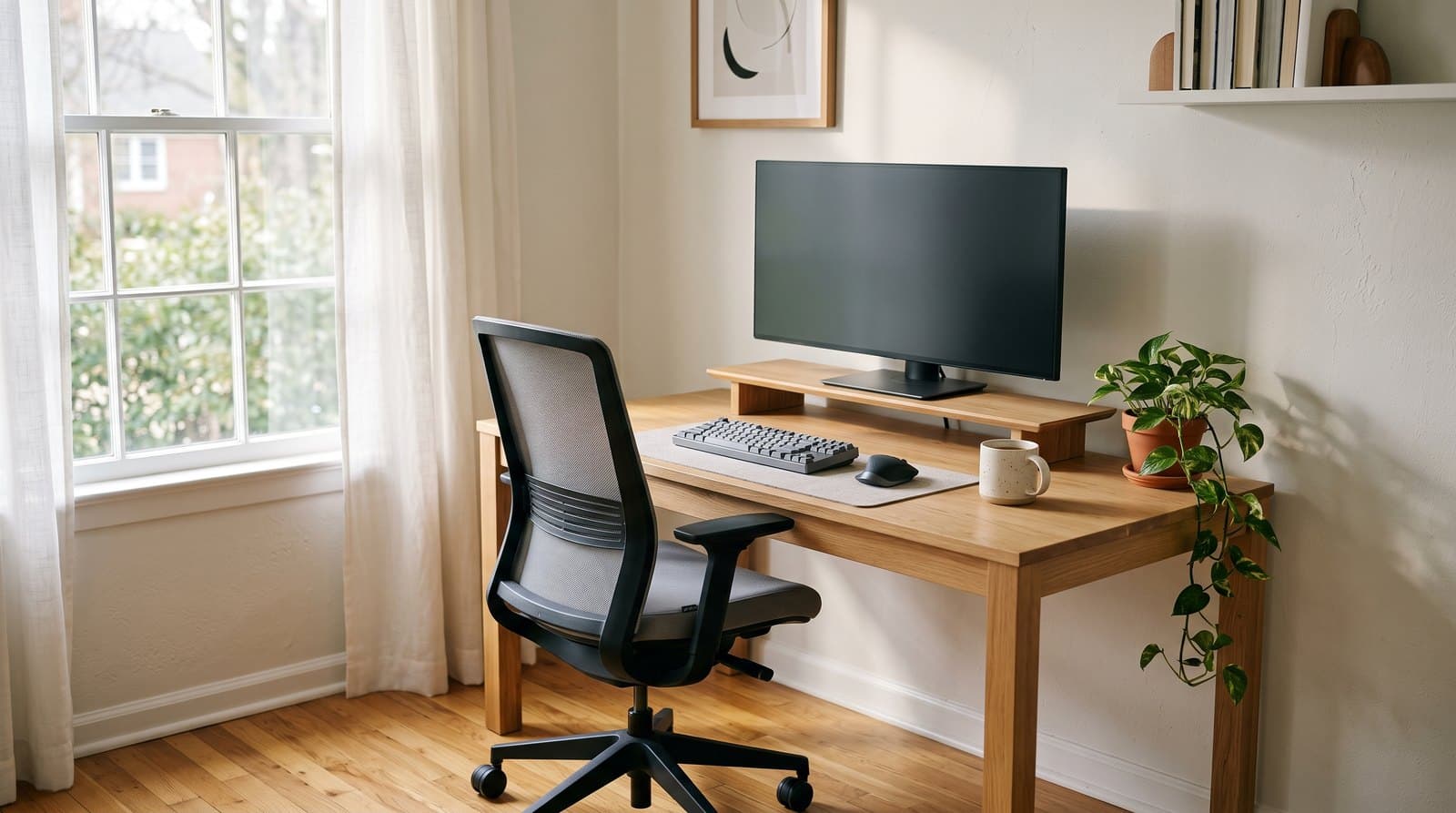A grey mesh-back ergonomic task chair with a black frame pulled up to a light wood home-office desk in a bright room, with a monitor, keyboard and a small plant on the desk