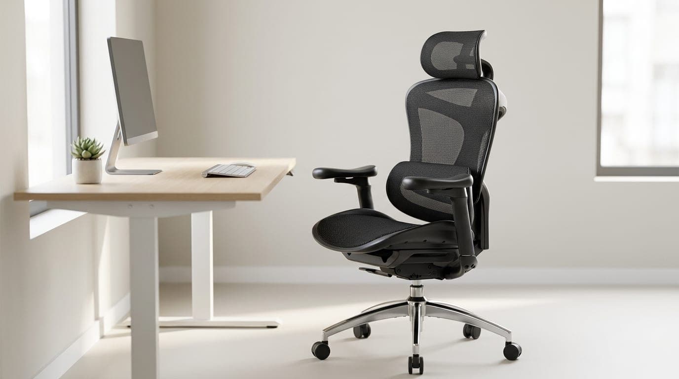 A high-back ergonomic mesh office chair at a clean home-office desk in a bright room