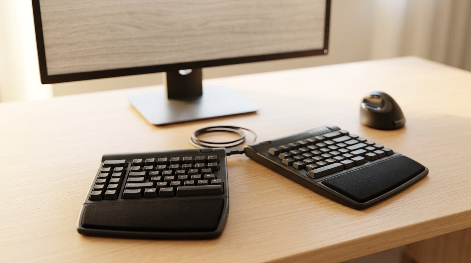 A split ergonomic keyboard with its two halves separated on a tidy home-office desk beside a monitor and mouse, lit by soft daylight