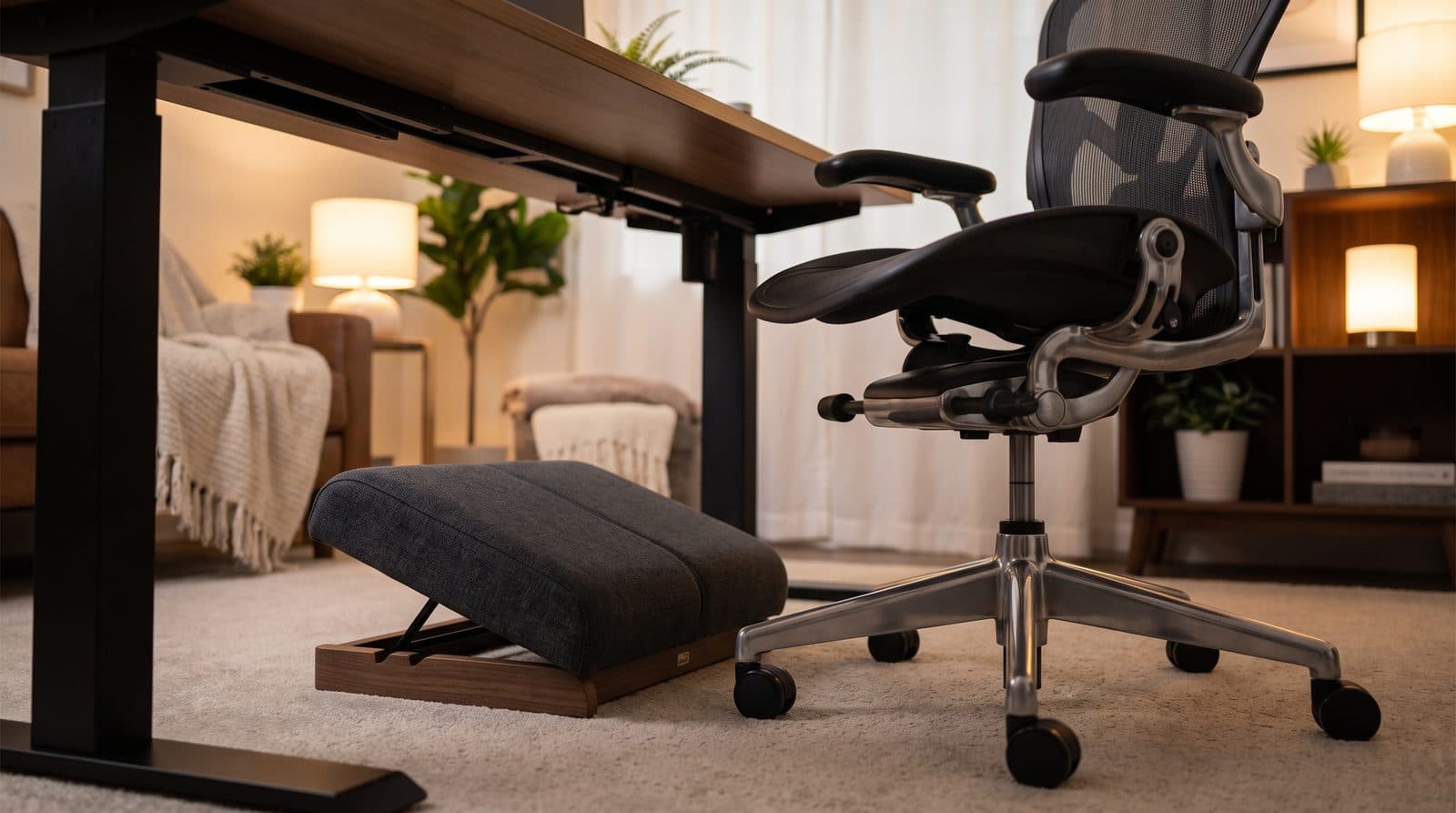 Ergonomic adjustable footrest under a desk with an office chair in a warm home office