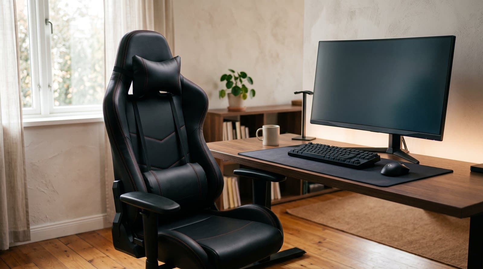 A black racing-style gaming chair with red stitching pulled up to a dark wood desk in a bedroom home office, with a wide monitor, mechanical keyboard and soft LED lighting behind the desk