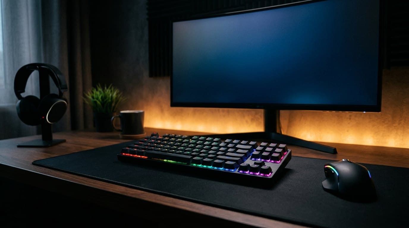 A compact RGB-backlit gaming keyboard on a large desk mat in a dim bedroom gaming setup, monitor glowing behind it