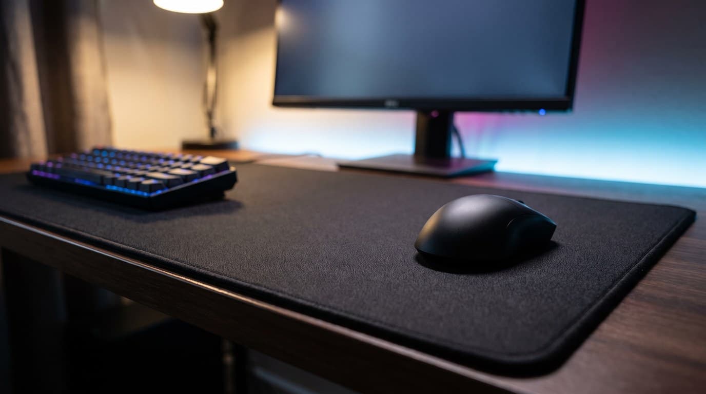 A matte black lightweight wireless gaming mouse alone on a large black cloth desk mat in a dim bedroom gaming setup, compact keyboard pushed to the left and a monitor glowing behind