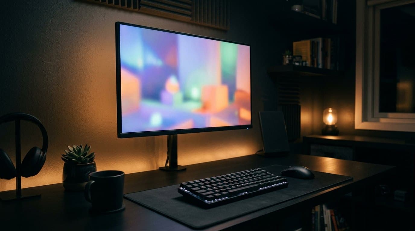 A flat widescreen gaming monitor glowing on a dark desk at night, with a backlit mechanical keyboard and mouse on a large cloth mat, headphones on a stand and warm bias light spilling onto the wall behind the screen