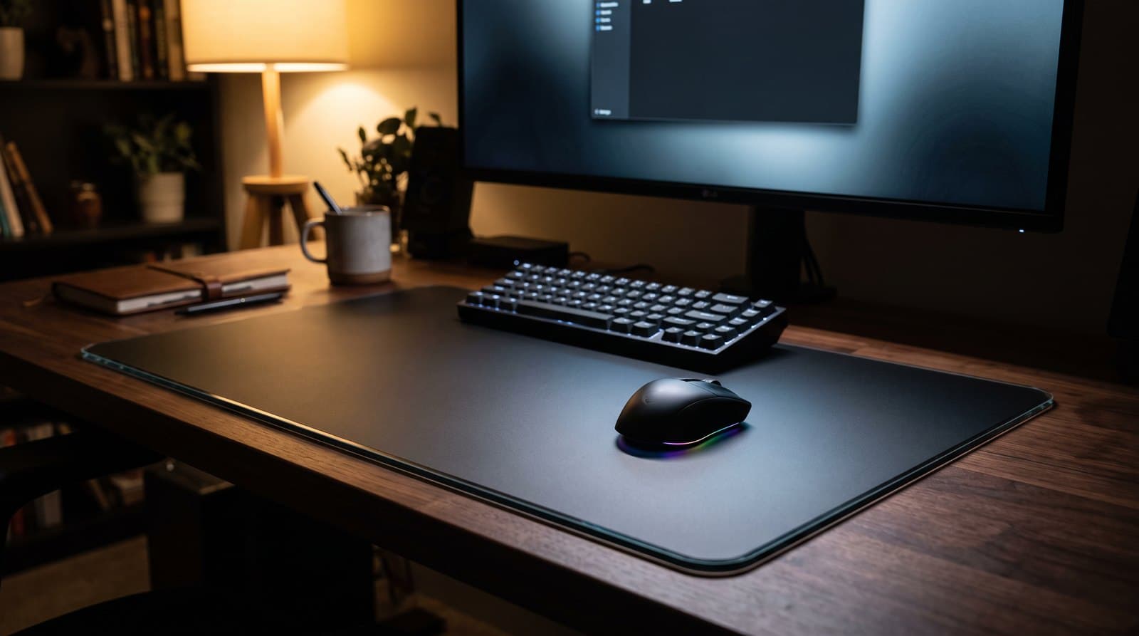 A large black tempered glass mousepad on a dark desk beneath a gaming mouse and low-profile keyboard, lit by a monitor in a home office at night