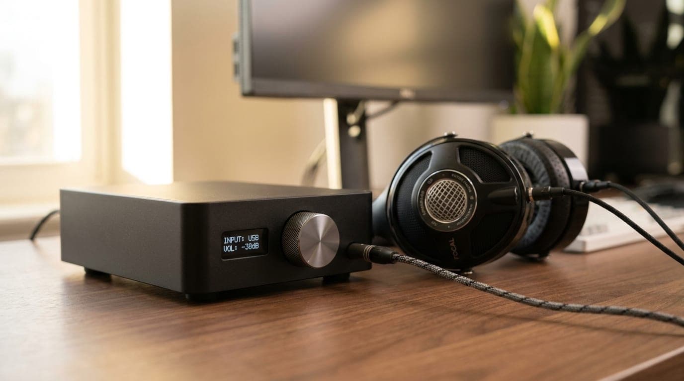 A compact desktop headphone DAC and amplifier with a volume knob beside a pair of over-ear headphones on a clean home-office desk