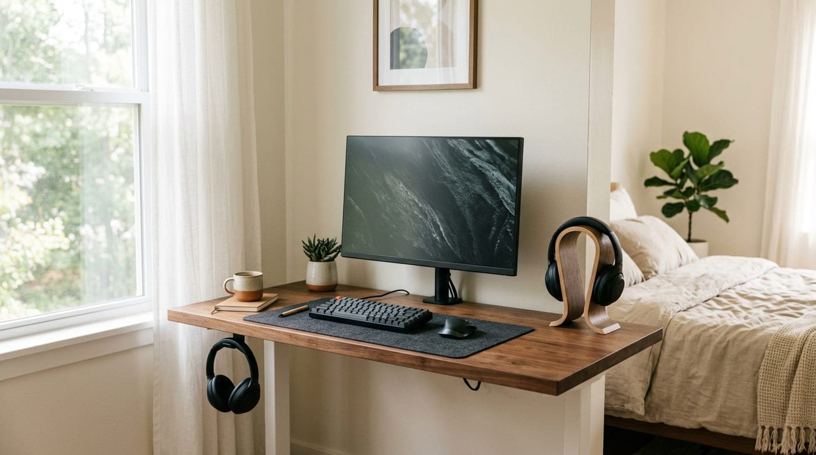 A walnut desk in a bright bedroom with one pair of over-ear headphones hanging from a hook under the desk edge and a second pair resting on a curved wooden stand beside the monitor