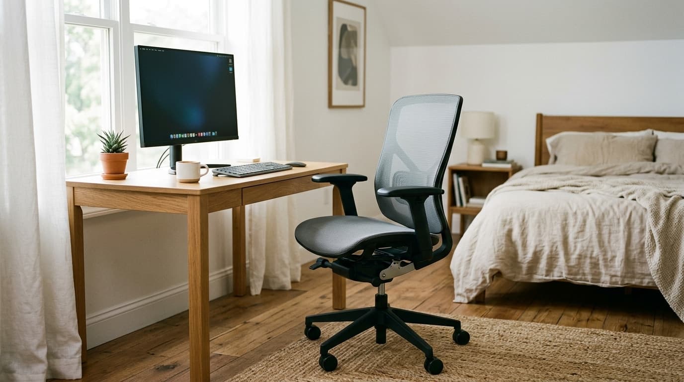 A grey mesh ergonomic office chair with black armrests and a five-star caster base, pulled back at an angle from a light oak desk in a bedroom home office, with the tilt mechanism visible under the seat and a monitor, keyboard and mug on the desk behind it