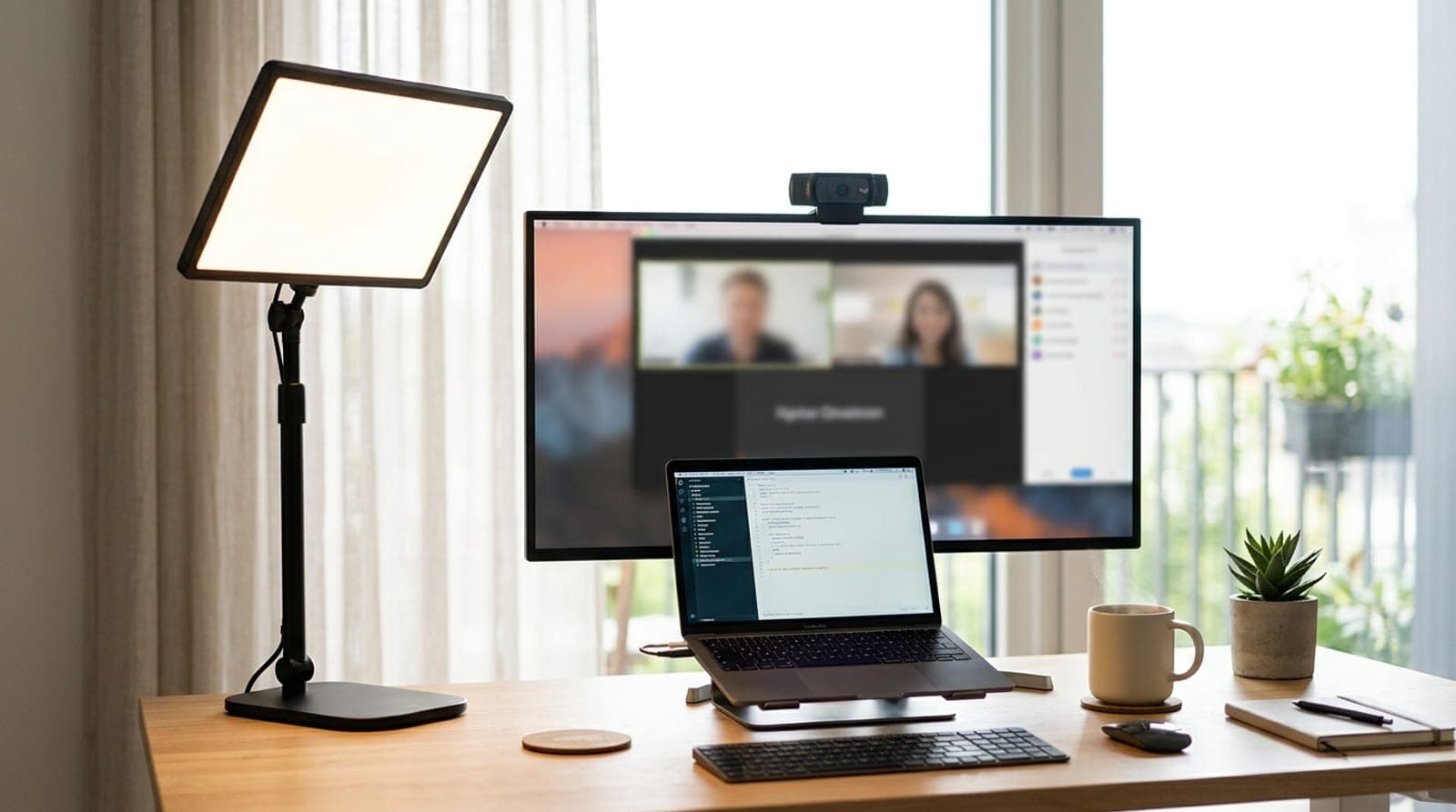 A slim edge-lit key light panel on a desk stand lighting a person's seat at a tidy home-office video-call setup