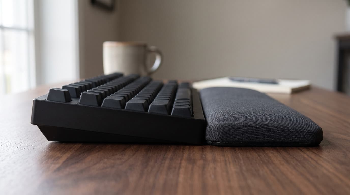 Side-on close-up of a mechanical keyboard and a padded wrist rest on a walnut desk, lit so the height difference between the top of the rest and the front edge of the keyboard is clearly visible